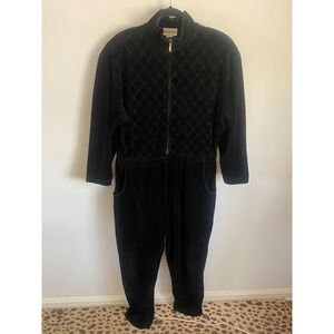 Vintage Essential Elements Black Velour Quilted Zip Front Jumpsuit Large Korea
